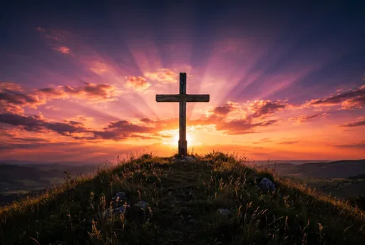 Wooden Cross on Hill at Sunset