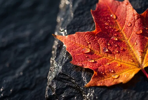 Wet Red Maple Leaf on Dark Slate