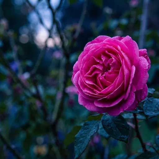 Magenta Rose Blooming in Twilight Garden