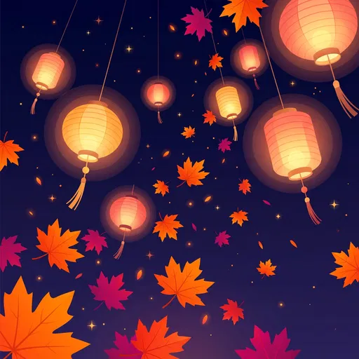 Glowing Lanterns and Autumn Maple Leaves