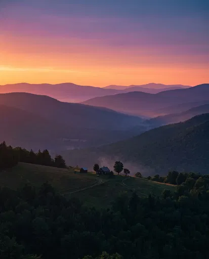 Hillside Farmhouse and Layered Mountains at Sunset
