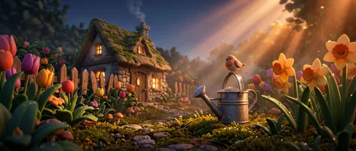Whimsical 3D Cottage Garden at Dawn