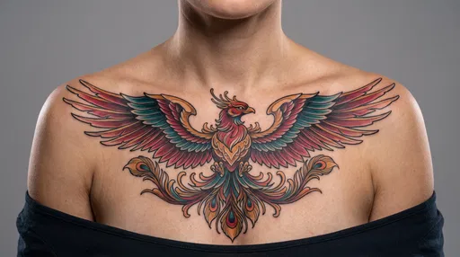 Colorful Phoenix Chest Tattoo on Woman