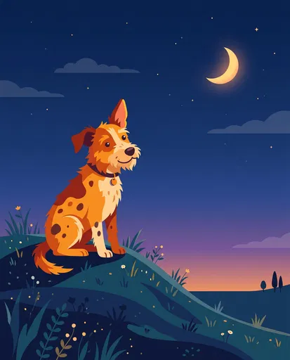 Spotted Dog Sitting Under Crescent Moon