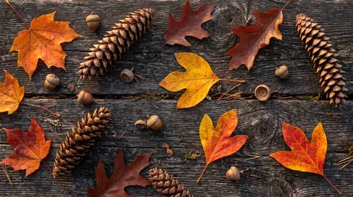 Autumn Leaves and Pine Cones on Wood