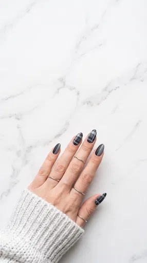 Grey Plaid Winter Manicure on Marble