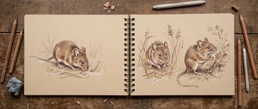 Sketchbook With Field Mice Drawings on Desk
