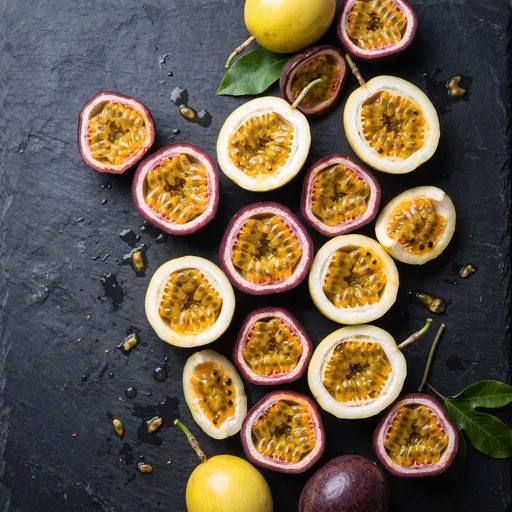 Halved Yellow and Purple Passion Fruits