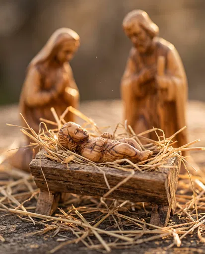 Carved Olive Wood Nativity Manger Scene