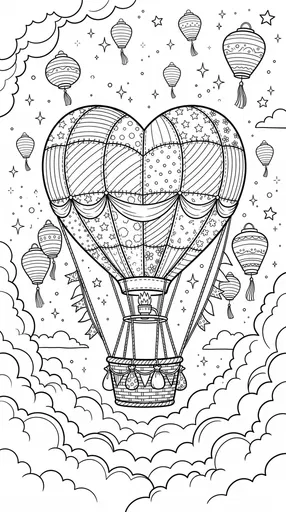 Quilted Heart Hot Air Balloon Coloring Page