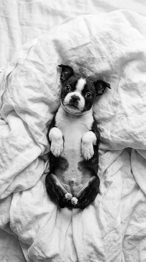 Monochrome Boston Terrier Puppy on White Sheets