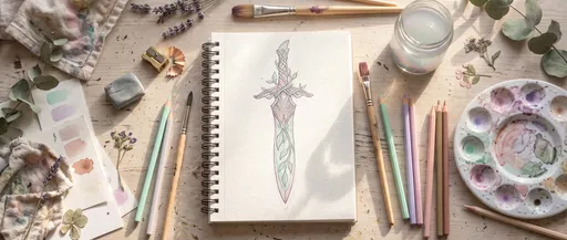 Artist Workspace With Pastel Sword Illustration
