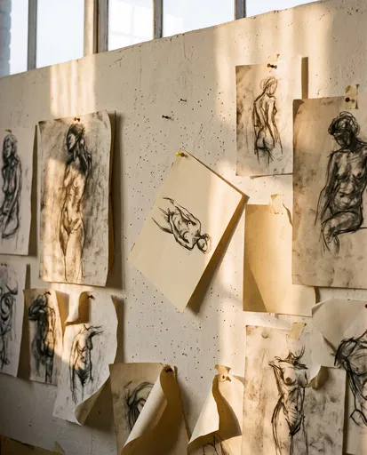 Charcoal Sketches Pinned to Studio Wall