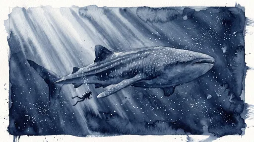Indigo Watercolor Whale Shark and Diver