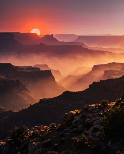 Crimson Sunset Over Layered Desert Canyon