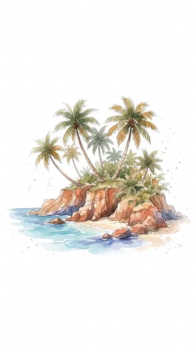 Watercolor Tropical Island With Palm Trees