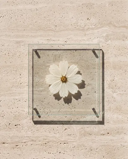 White Cosmos in Glass Frame on Stone