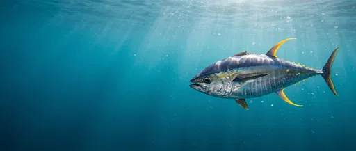 Yellowfin Tuna Swimming in Sunlit Ocean