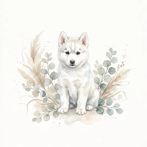 Watercolor White Husky Puppy with Botanicals