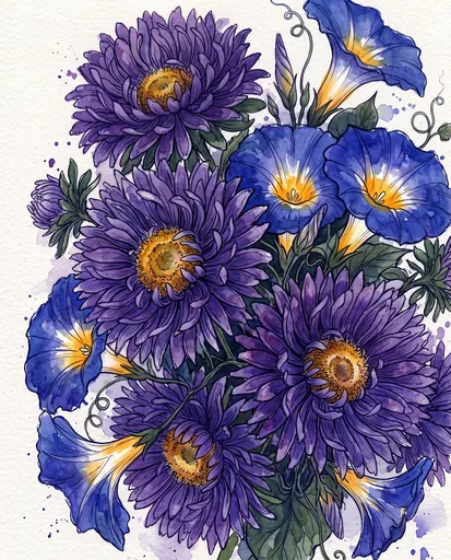 Watercolor Aster and Morning Glory Cluster