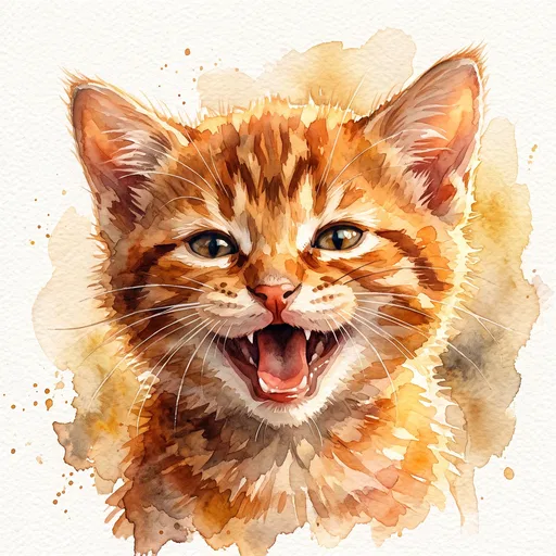 Watercolor Orange Tabby Kitten Meowing