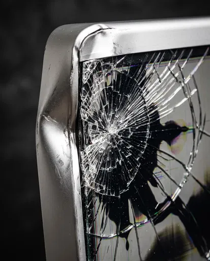 Shattered Screen on Bent Aluminum Monitor