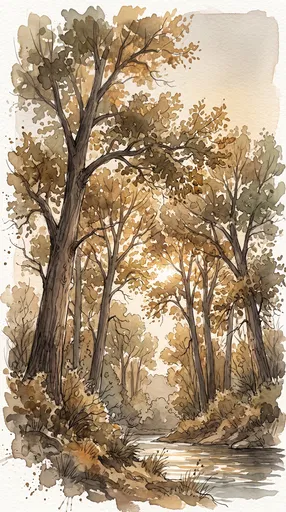 Watercolor Autumn Trees Along River Bank