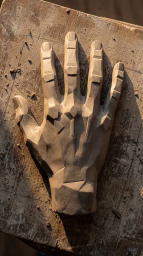 Faceted Clay Hand Sculpture on Wood