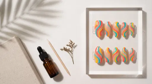 Retro Swirl Press-On Almond Nails Flat-Lay