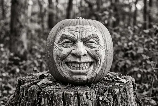 Monochrome Carved Pumpkin Face on Stump