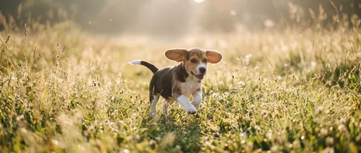 Beagle Puppy Running in Sunny Meadow