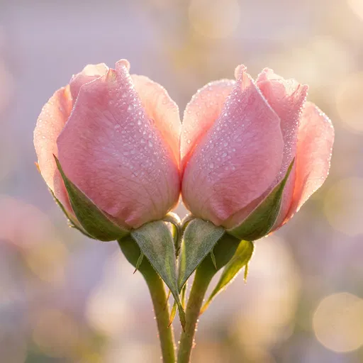 Two Pink Rosebuds With Morning Dew