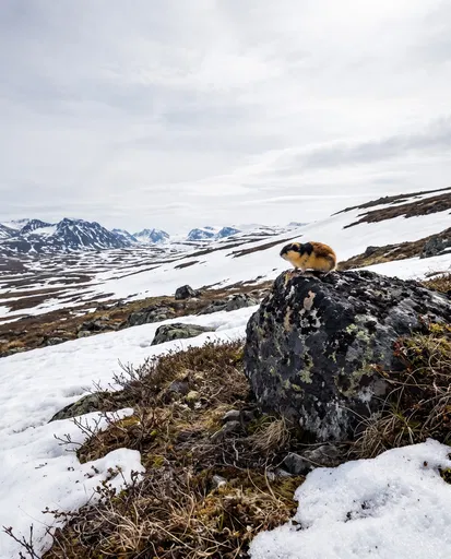 Norway Lemming on Rock in Snowy Mountains
