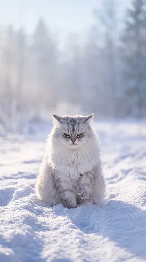 Grumpy Fluffy Cat in Winter Snow