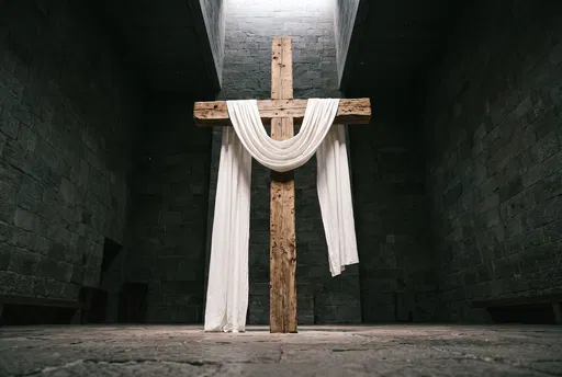 Wooden Cross with White Sash in Sanctuary