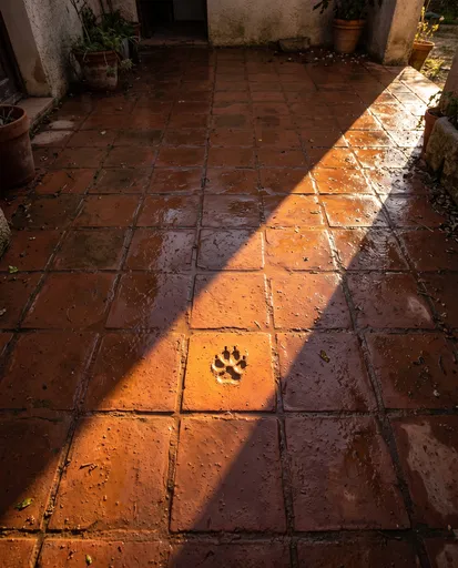 Dog Paw Print on Wet Terracotta Tiles