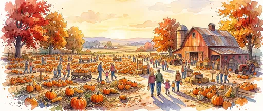 Watercolor Illustration of Autumn Pumpkin Patch