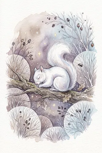 Watercolor Illustration of Sleeping White Squirrel