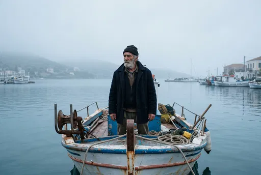 Elderly Fisherman Standing on Wooden Boat