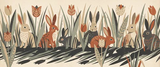 Mid-Century Rabbits in Tulip Grasses