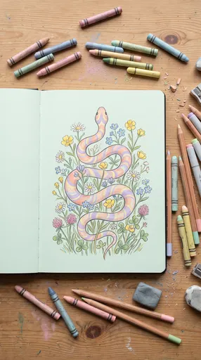 Pastel Snake Illustration in Open Sketchbook