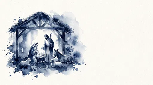 Indigo Watercolor Nativity Scene With Copy Space