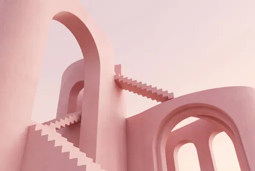Surreal Pastel Pink Arches and Floating Stairs