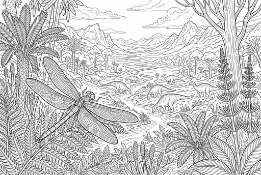 Prehistoric Dragonfly and Dinosaurs Coloring Page
