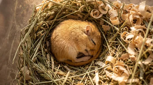 Sleeping Golden Gerbil in Hay Nest