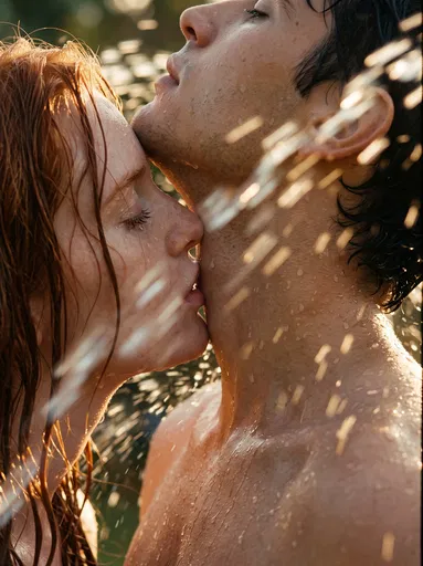 Couple Kissing in Golden Sunlight Water Spray