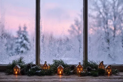 Glowing Miniature Houses on Frosted Winter Windowsill