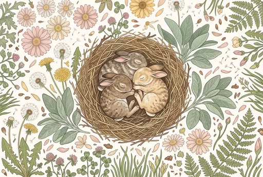 Sleeping Rabbits in Botanical Nest Illustration
