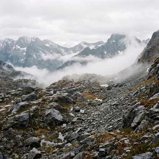 Misty Alpine Boulder Field and Distant Peaks