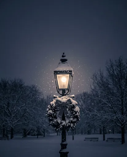 Glowing Streetlamp With Holiday Wreath in Snow